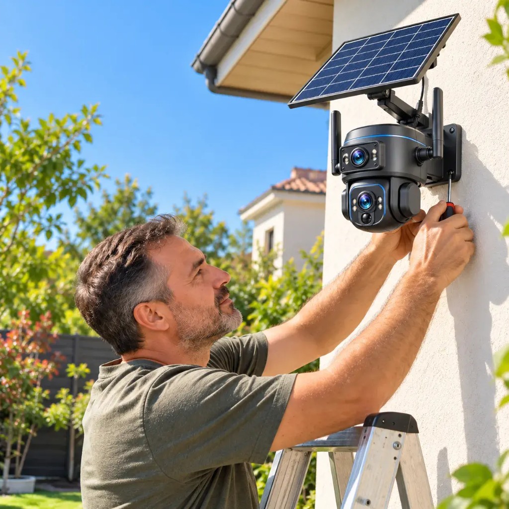 Mann montiert eine Bulbix Solar-Sicherheitskamera mit Doppellinse an einer Hauswand