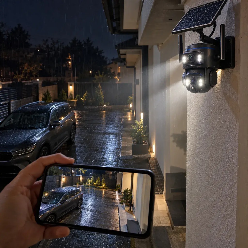 Bulbix Solar-Kamera beleuchtet eine regennasse Einfahrt bei Nacht mit Live-Bild auf dem Smartphone