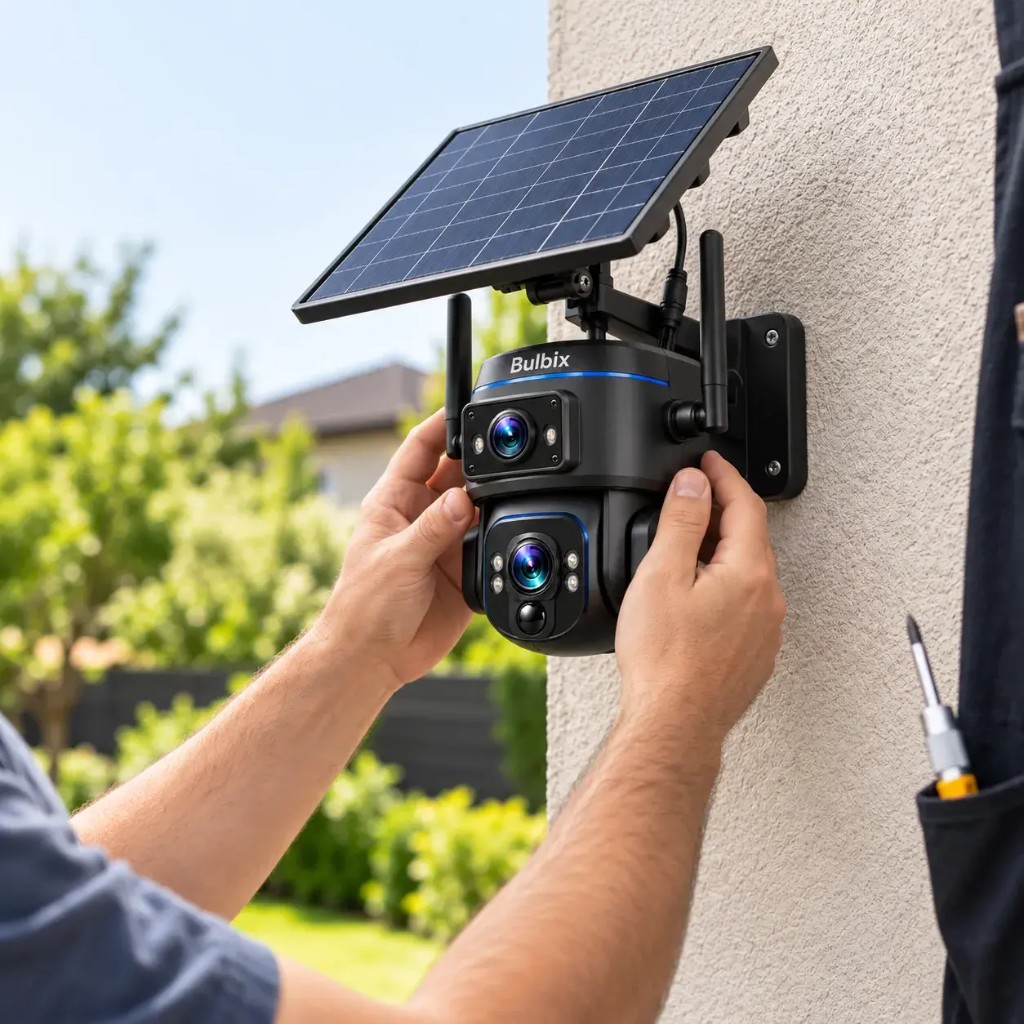 Hände montieren eine Bulbix Solar-Sicherheitskamera mit Doppellinse und Solarpanel an einer Außenwand