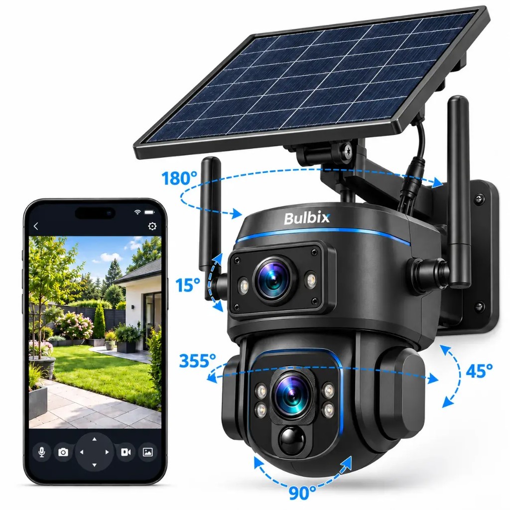 Bulbix Solar-Sicherheitskamera mit Doppellinse, App-Steuerung und 360°-Abdeckung