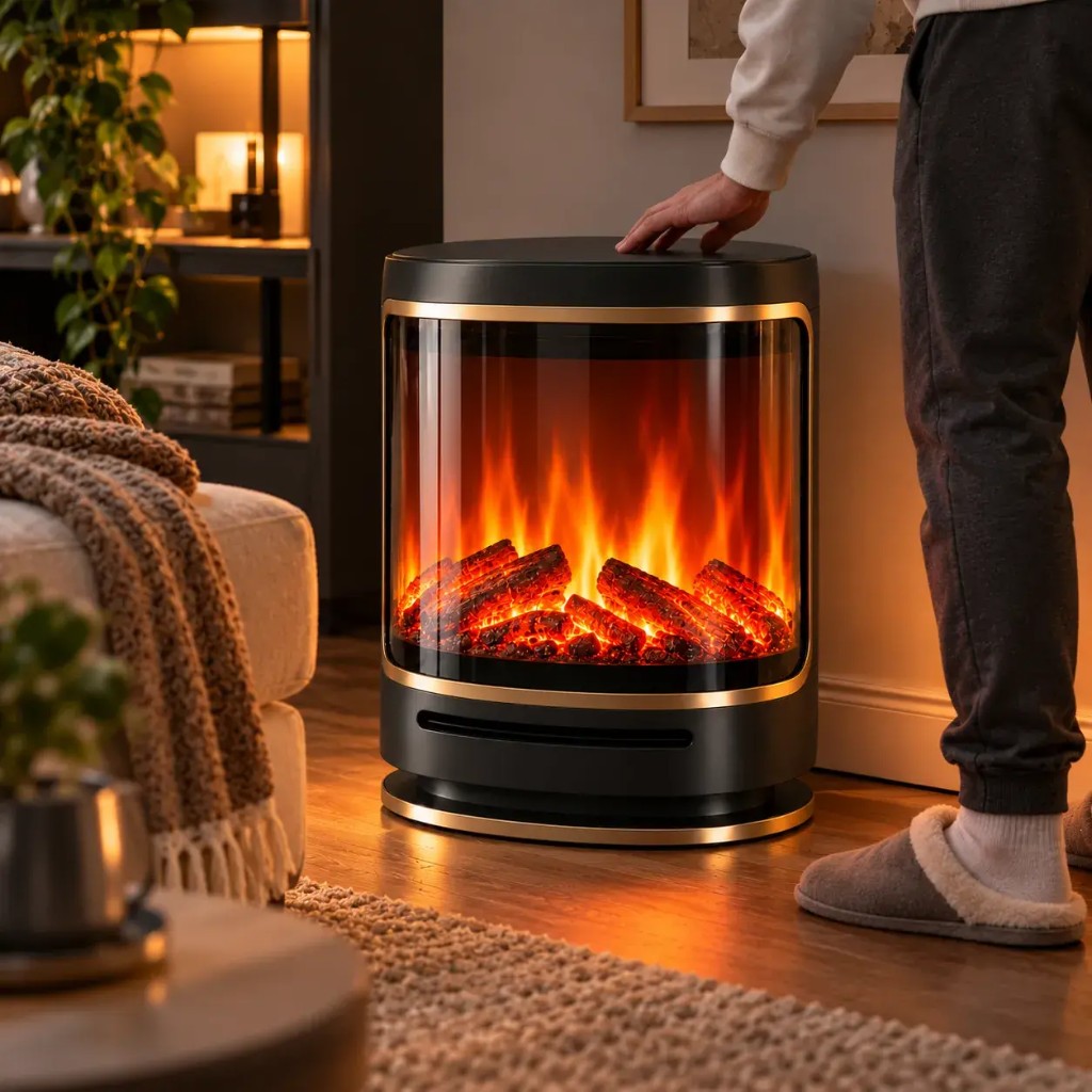 VelvaFlame con fiamma LED 3D in salotto — mano sul piano superiore freddo al tatto