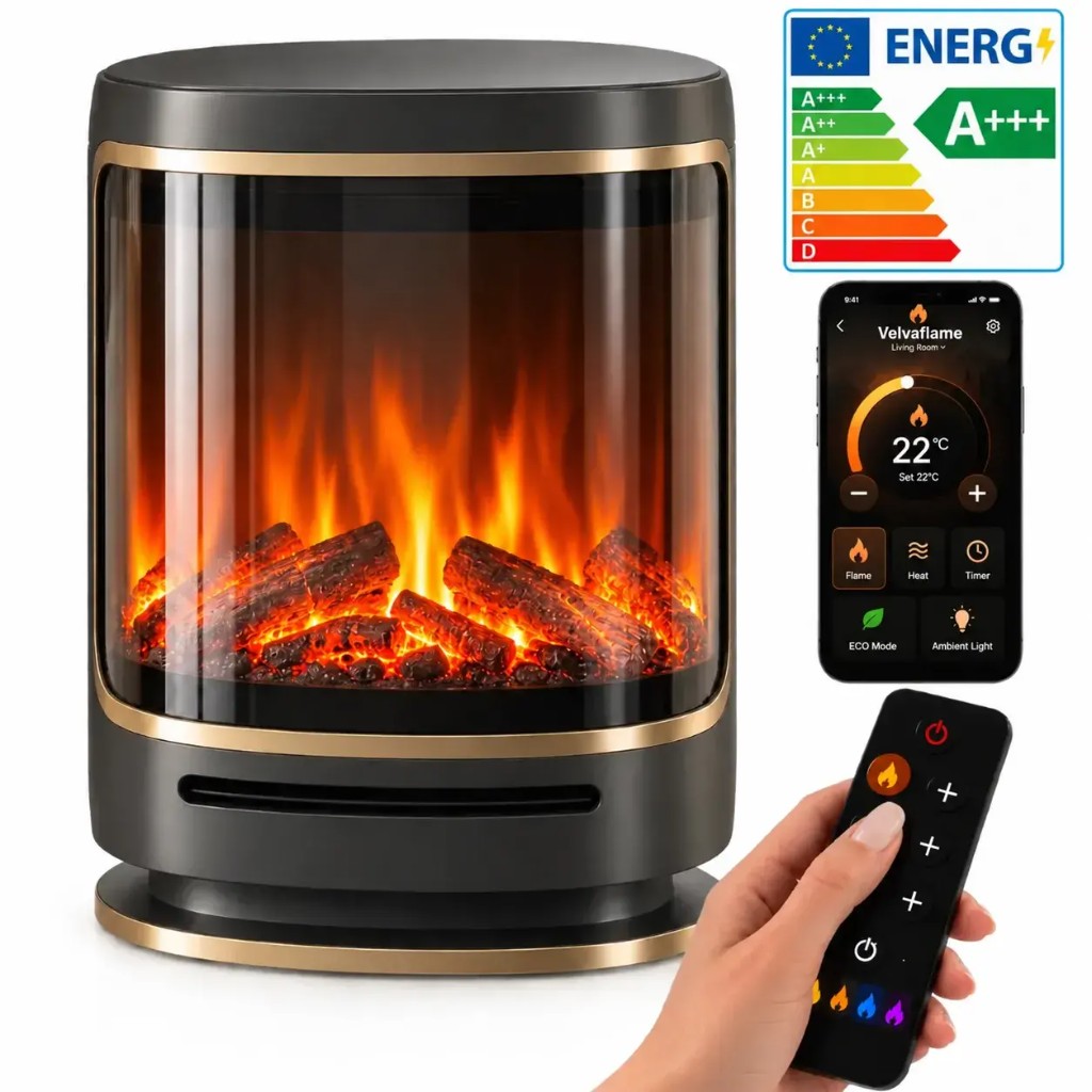 Kit VelvaFlame — camino, app WiFi, telecomando IR ed etichetta energetica A+++