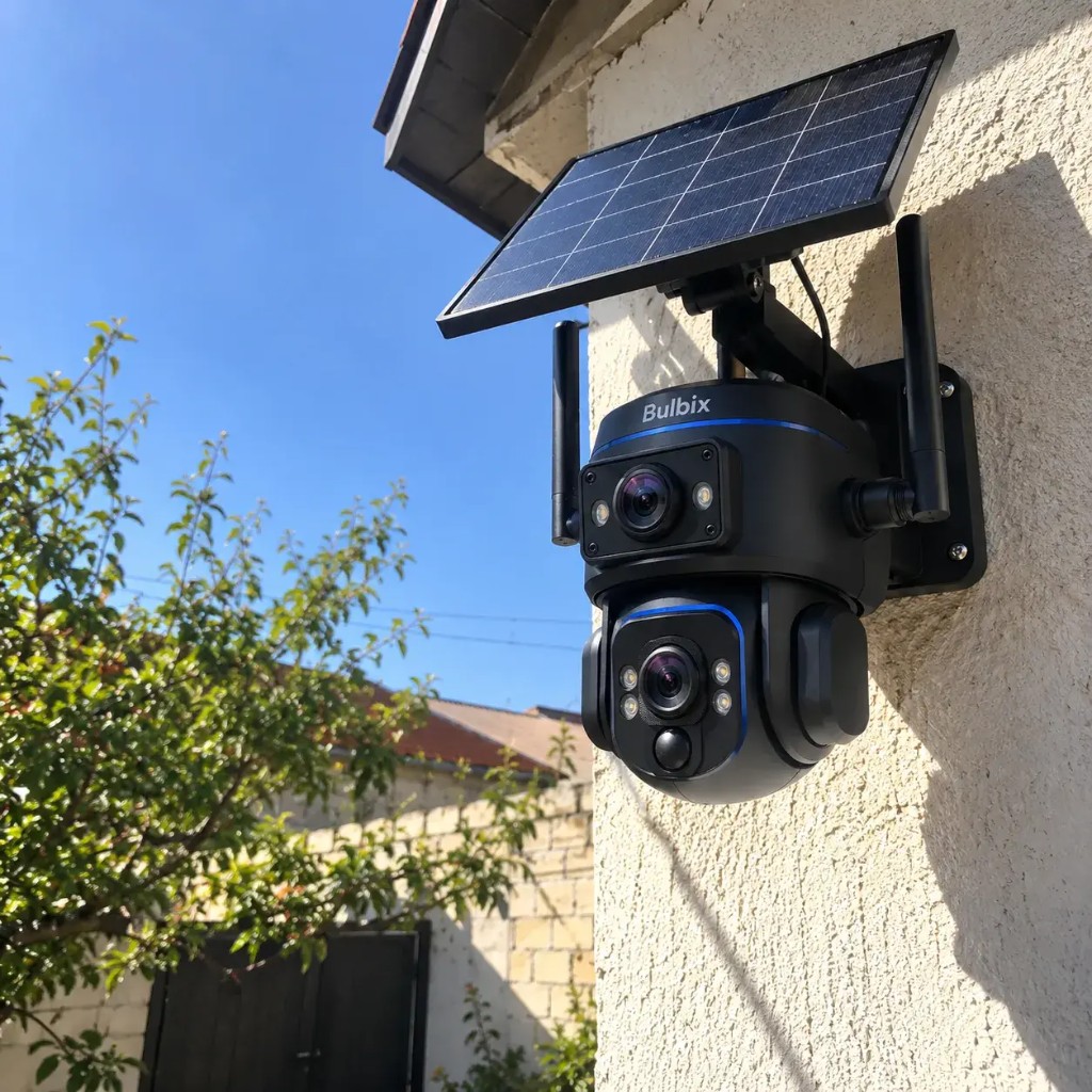 Bulbix Solar-Sicherheitskamera mit Doppellinse an Außenwand mit Solarpanel