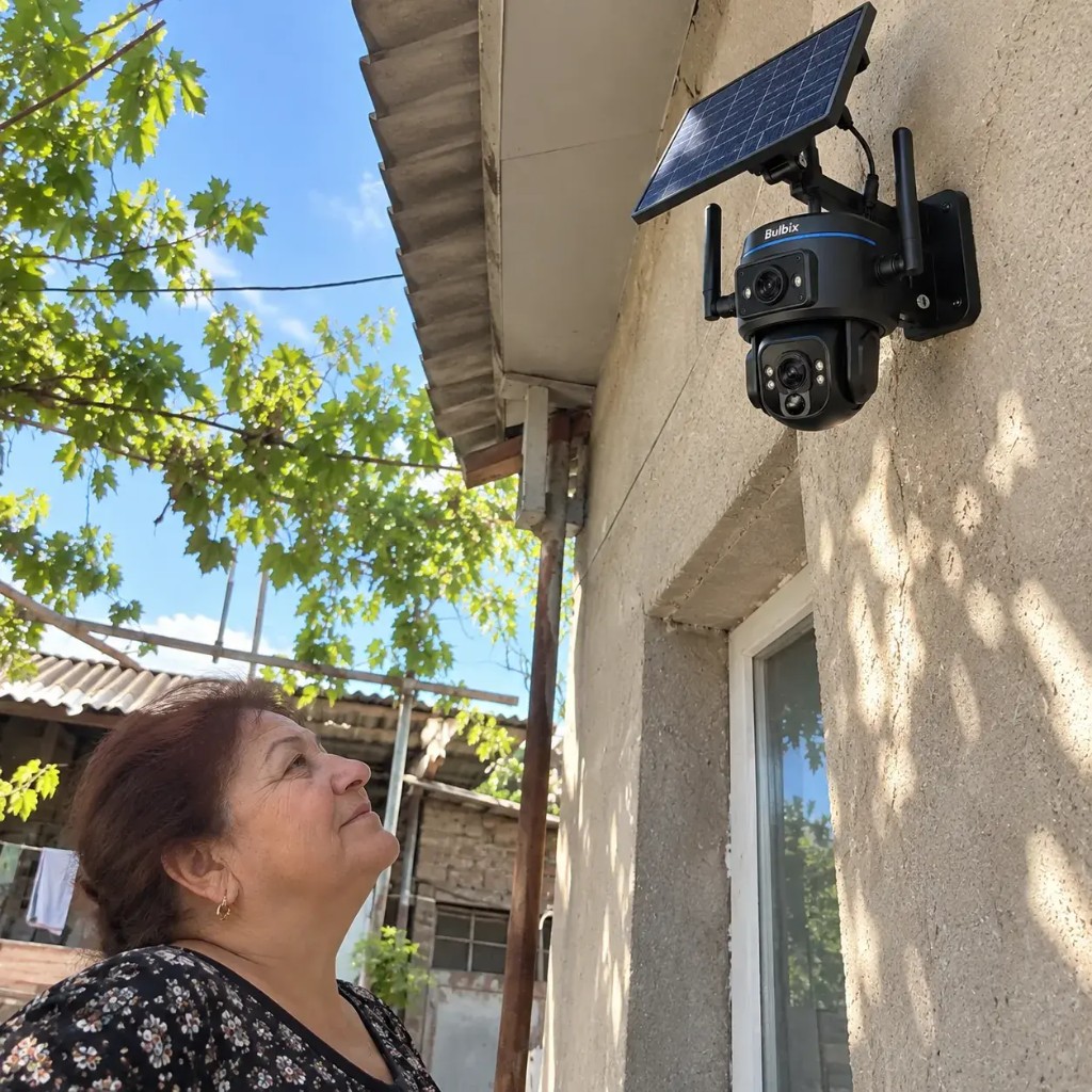 Frau schaut auf eine Bulbix Solar-Sicherheitskamera an einer Außenwand