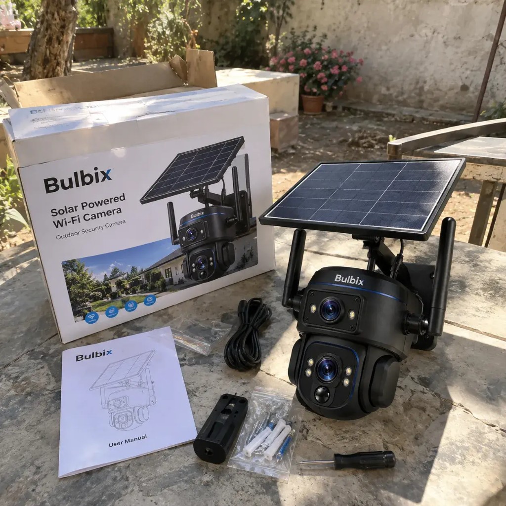 Bulbix Solar-Wi-Fi-Kamera-Set ausgepackt mit Box, Handbuch, Kabel und Montagezubehör