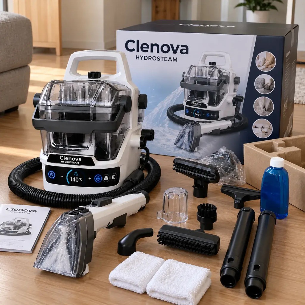 Kit completo Clenova HydroSteam desempaquetado con accesorios y manual