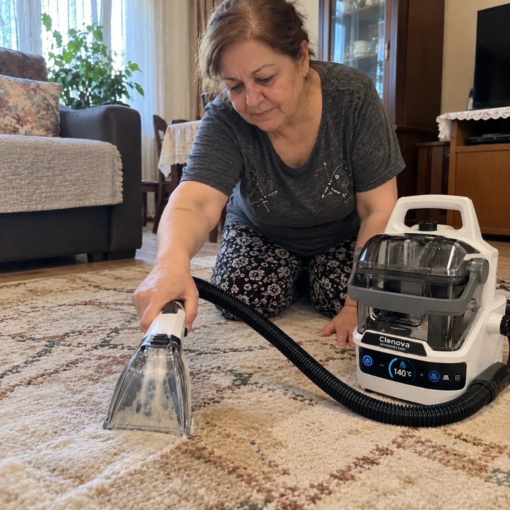 Mujer limpiando una alfombra con Clenova HydroSteam a 140°C