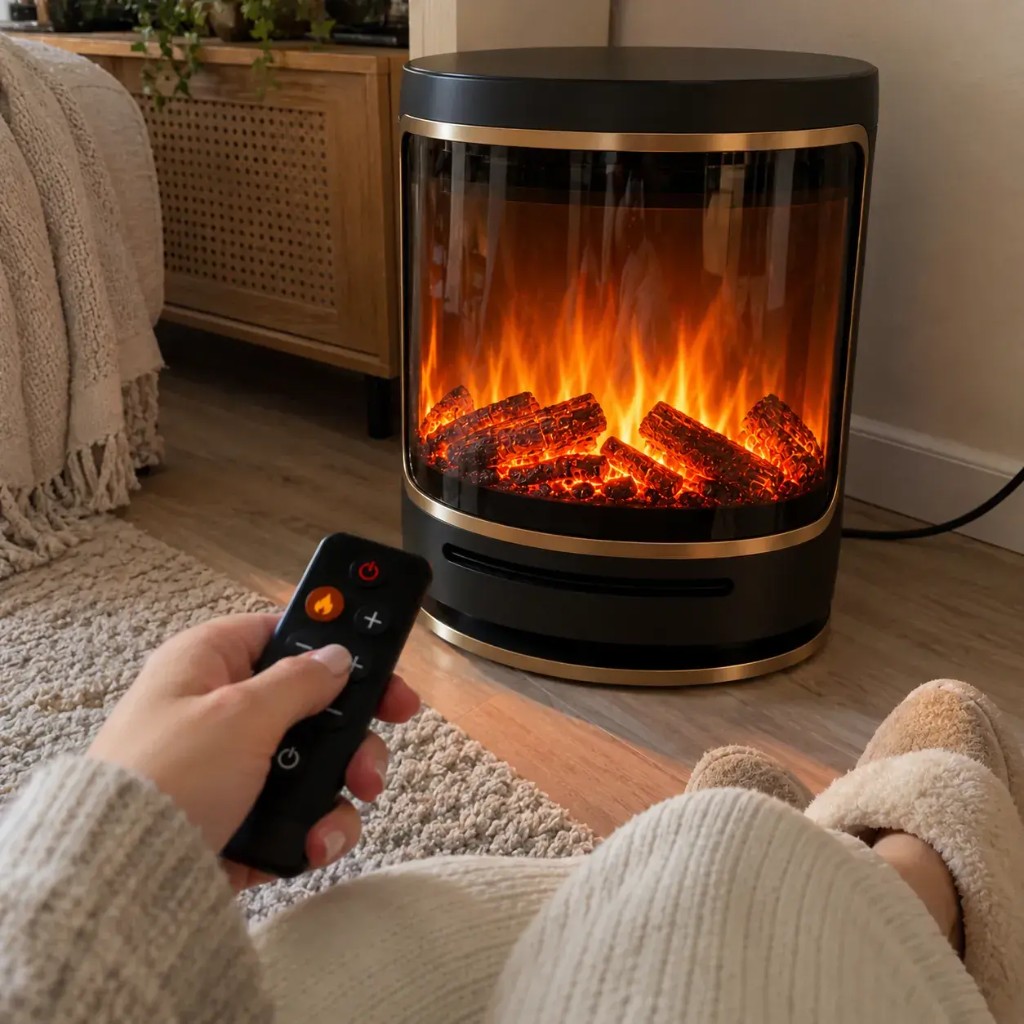VelvaFlame con fiamma LED 3D — cliente usa il telecomando IR dal divano