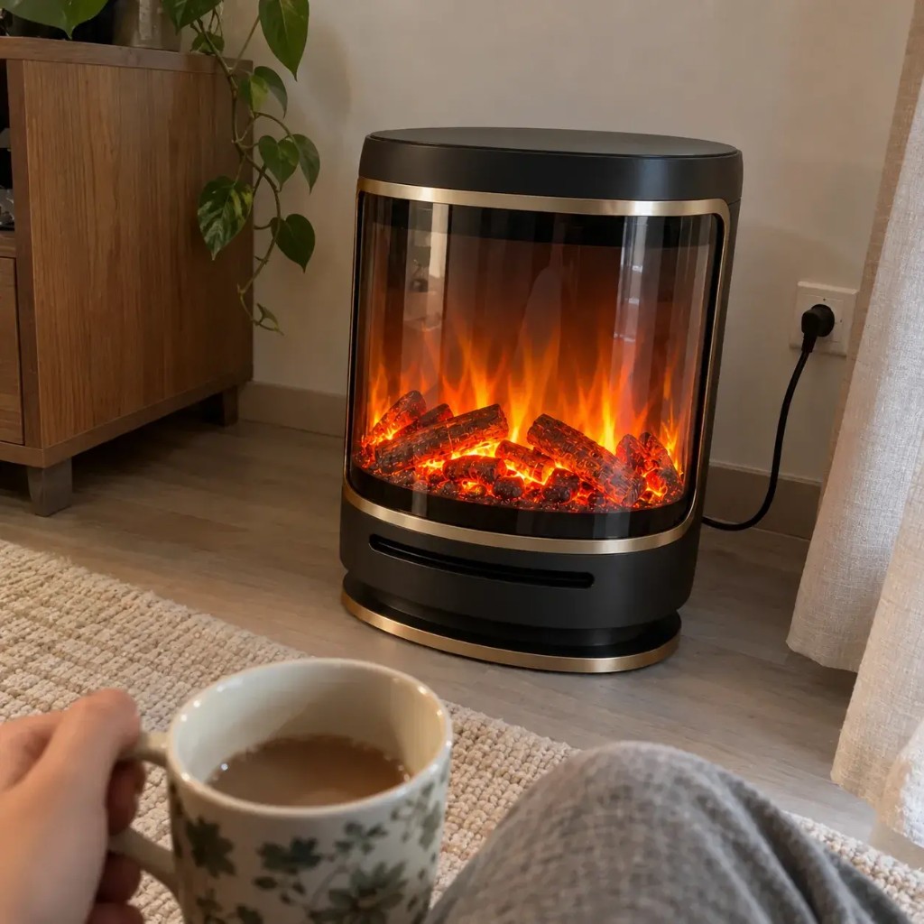 VelvaFlame con fiamma LED 3D accesa mentre si rilassa con un tè in salotto